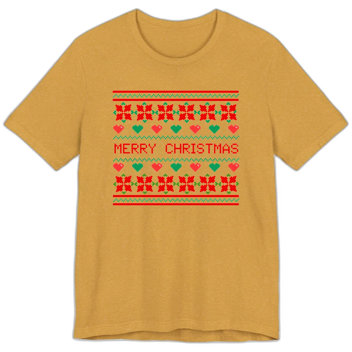 Merry Christmas Pixel Pattern Premium T-Shirt in Heather Mustard