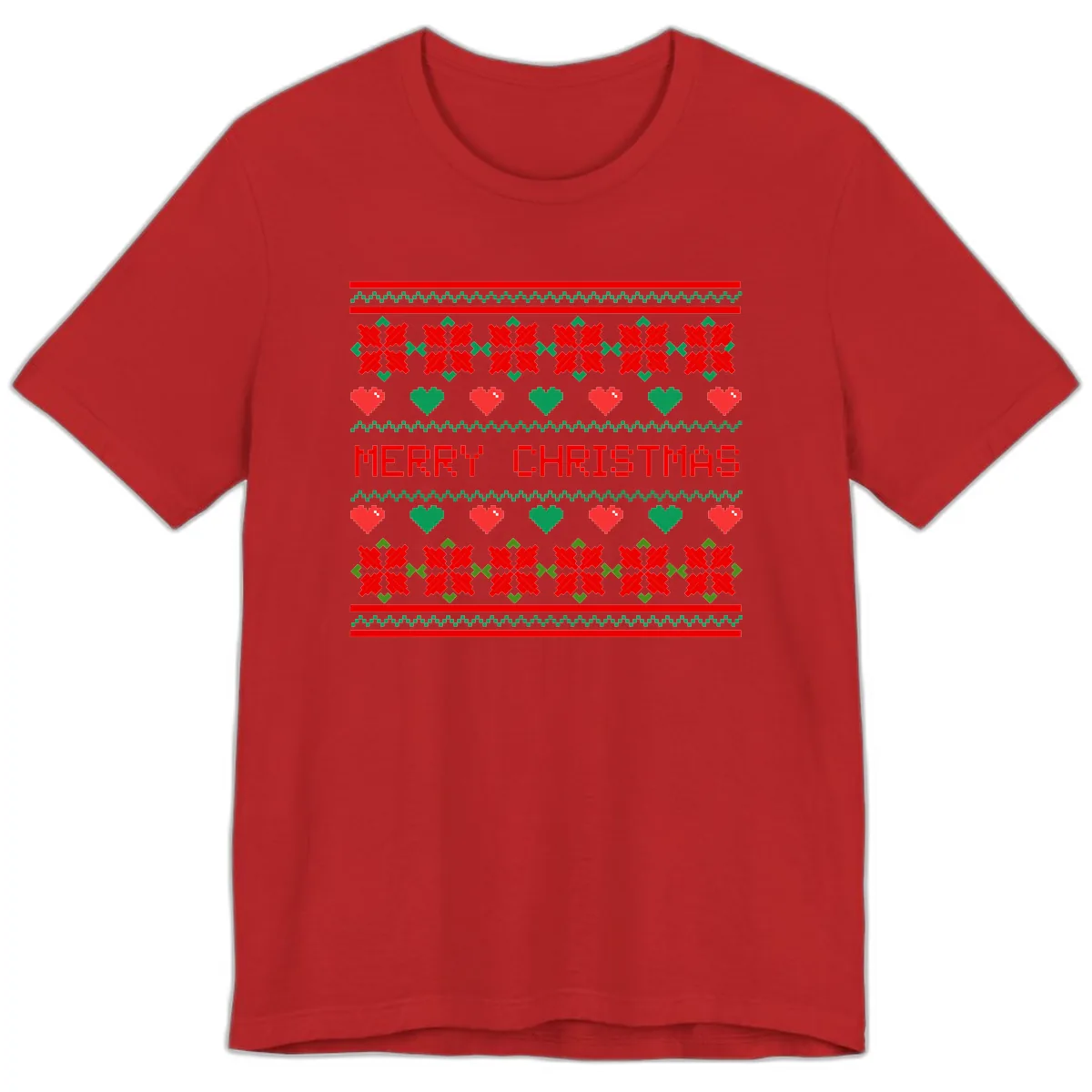 Merry Christmas Pixel Pattern Premium T-Shirt in Red