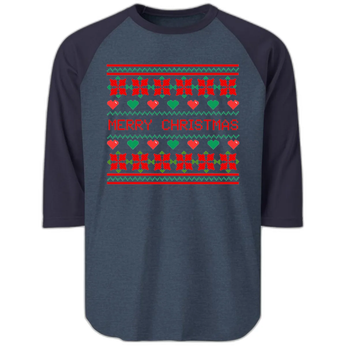 Merry Christmas Pixel Pattern Raglan 3/4 in Heather Denim Navy