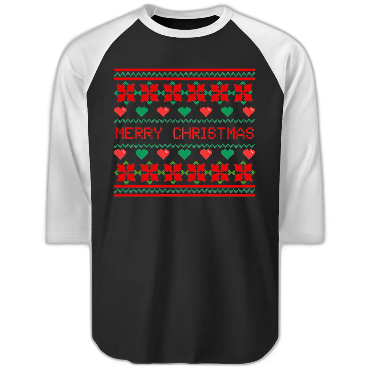 Merry Christmas Pixel Pattern Raglan 3/4 in Black White