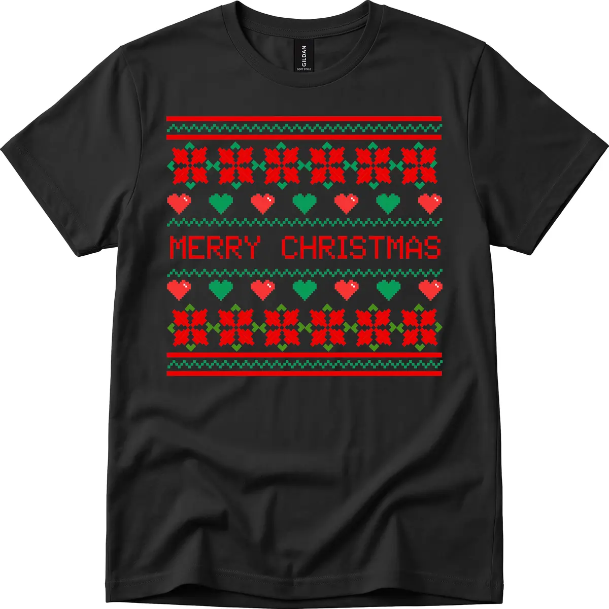 Merry Christmas Pixel Pattern T-Shirt in Black