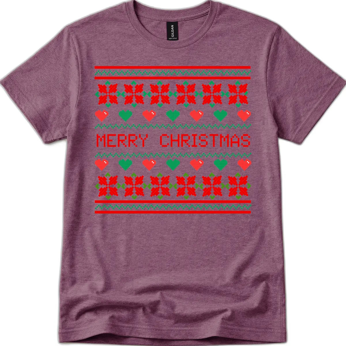 Merry Christmas Pixel Pattern T-Shirt in Heather Maroon