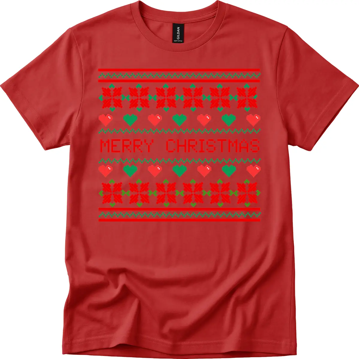 Merry Christmas Pixel Pattern T-Shirt in Red