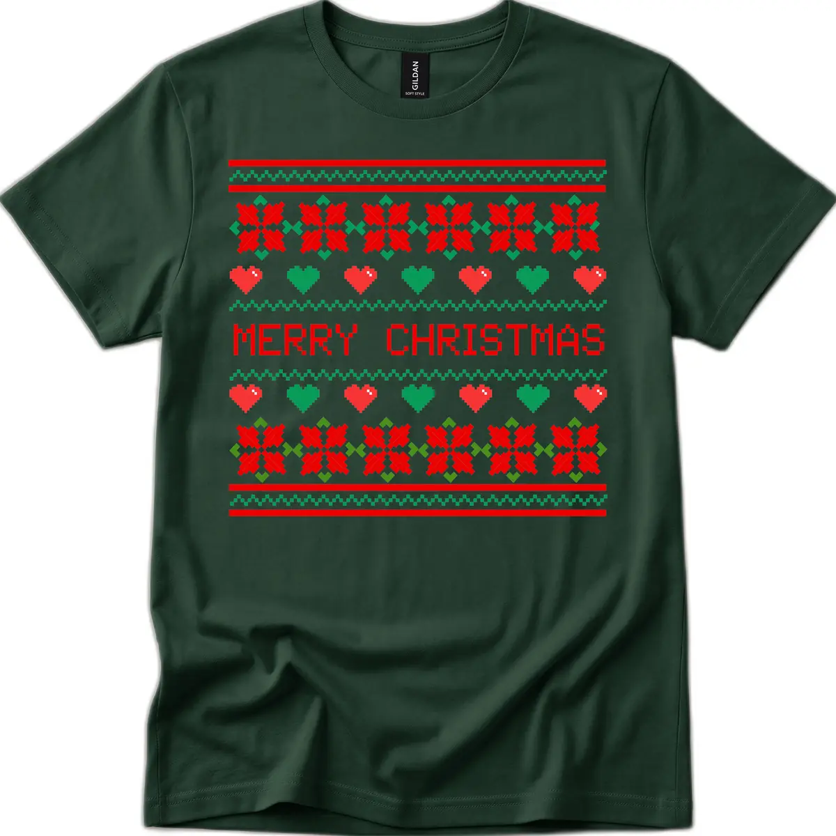 Merry Christmas Pixel Pattern T-Shirt in Forest Green