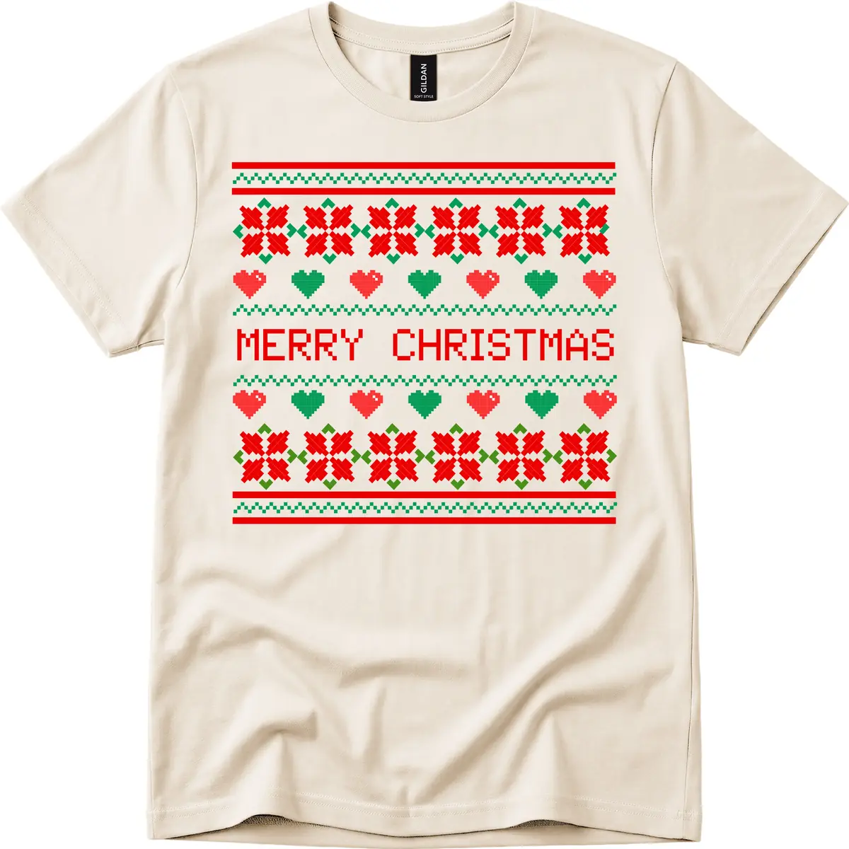 Merry Christmas Pixel Pattern T-Shirt in Natural