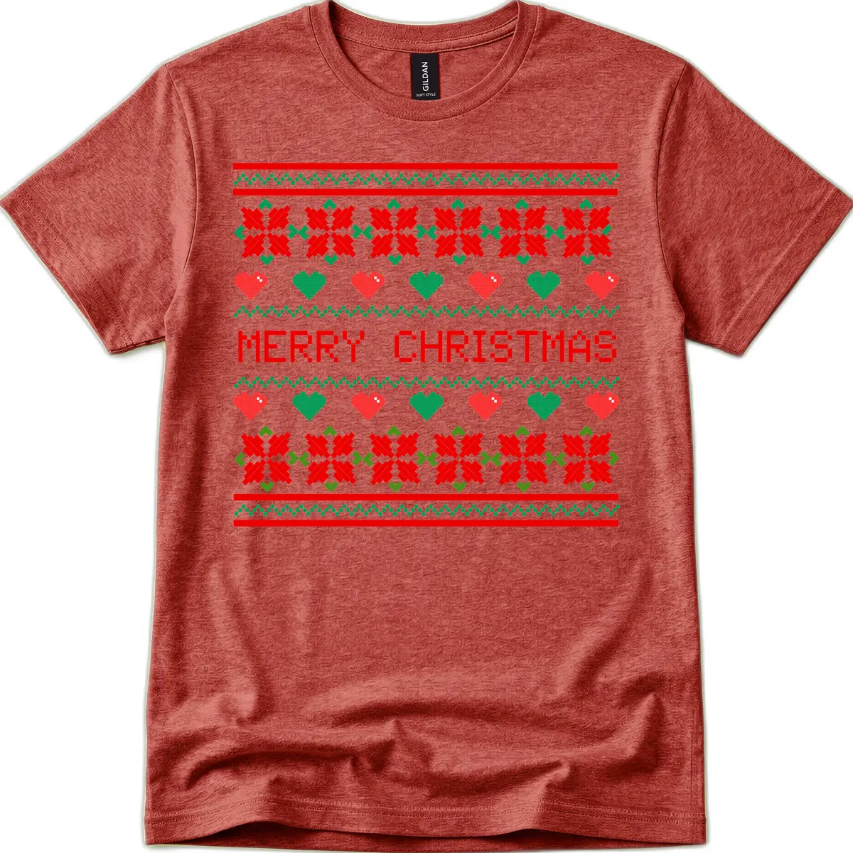 Merry Christmas Pixel Pattern T-Shirt in Heather Cardinal
