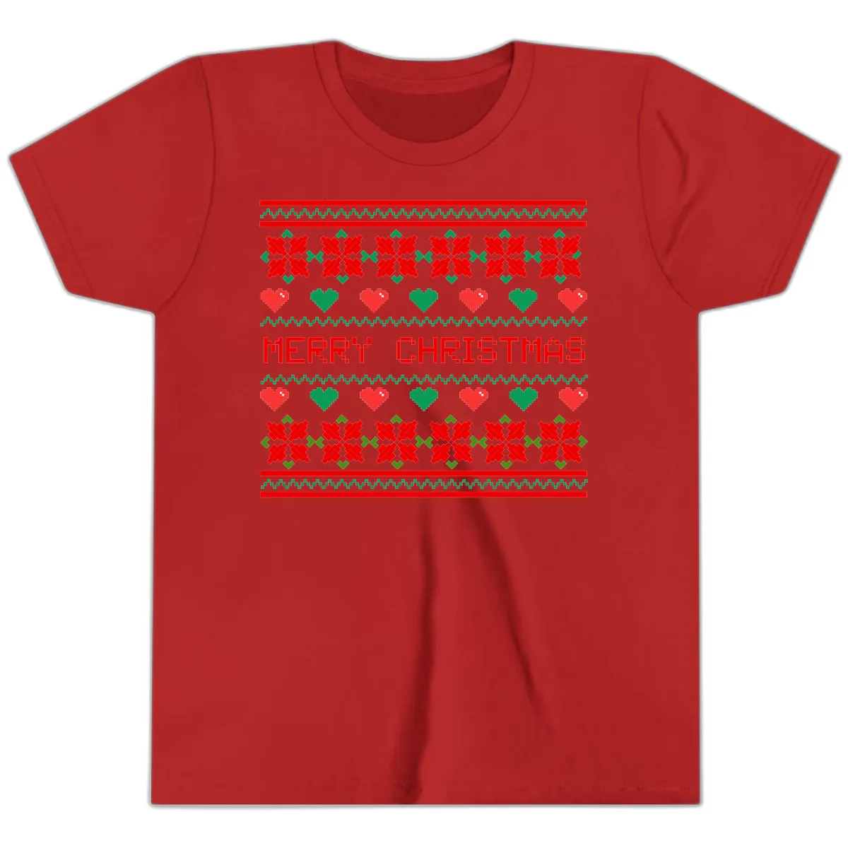 Merry Christmas Pixel Pattern Youth T-Shirt in Red