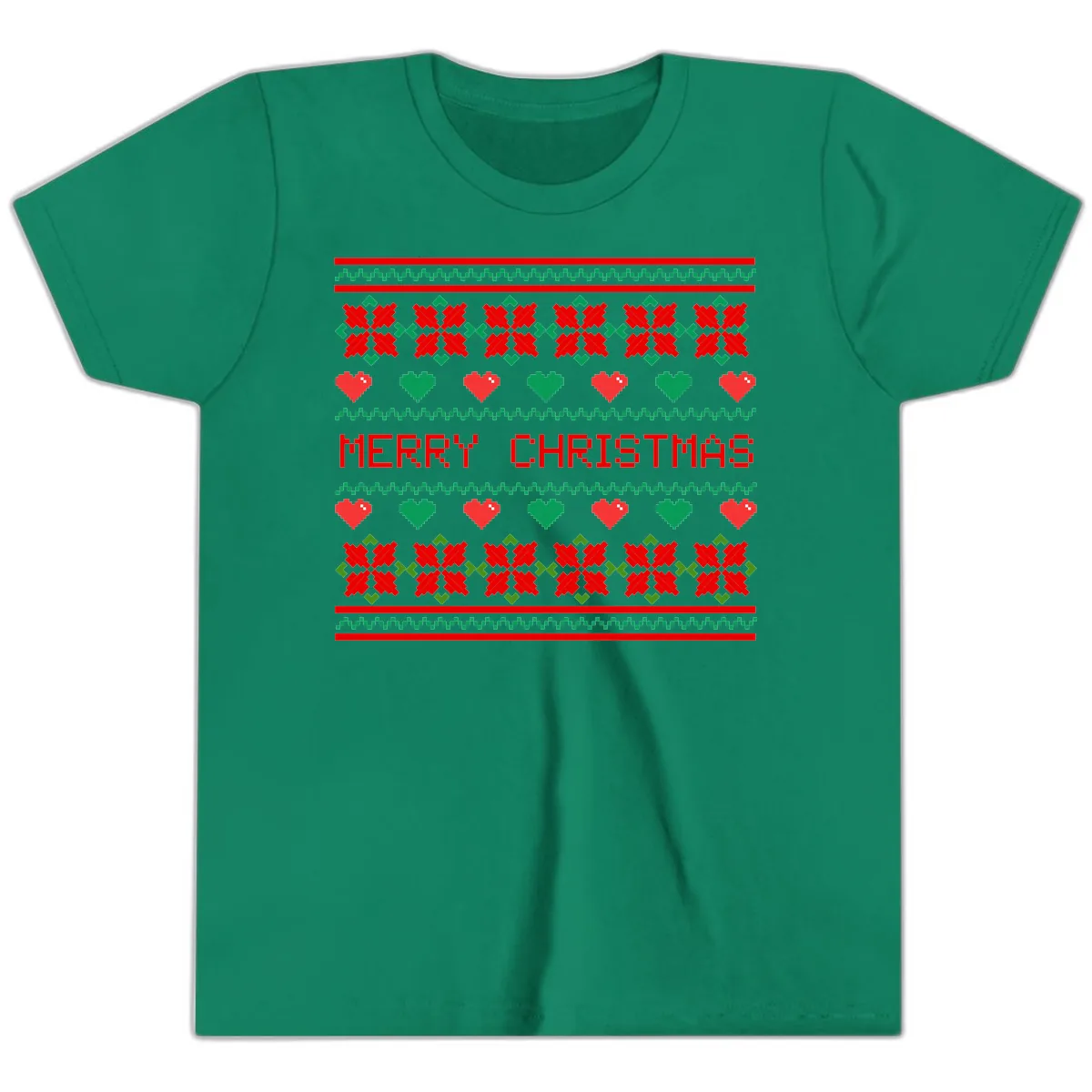 Merry Christmas Pixel Pattern Youth T-Shirt in Kelly