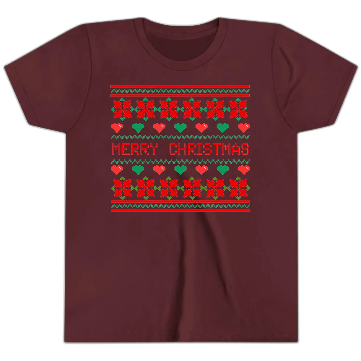 Merry Christmas Pixel Pattern Youth T-Shirt in Maroon