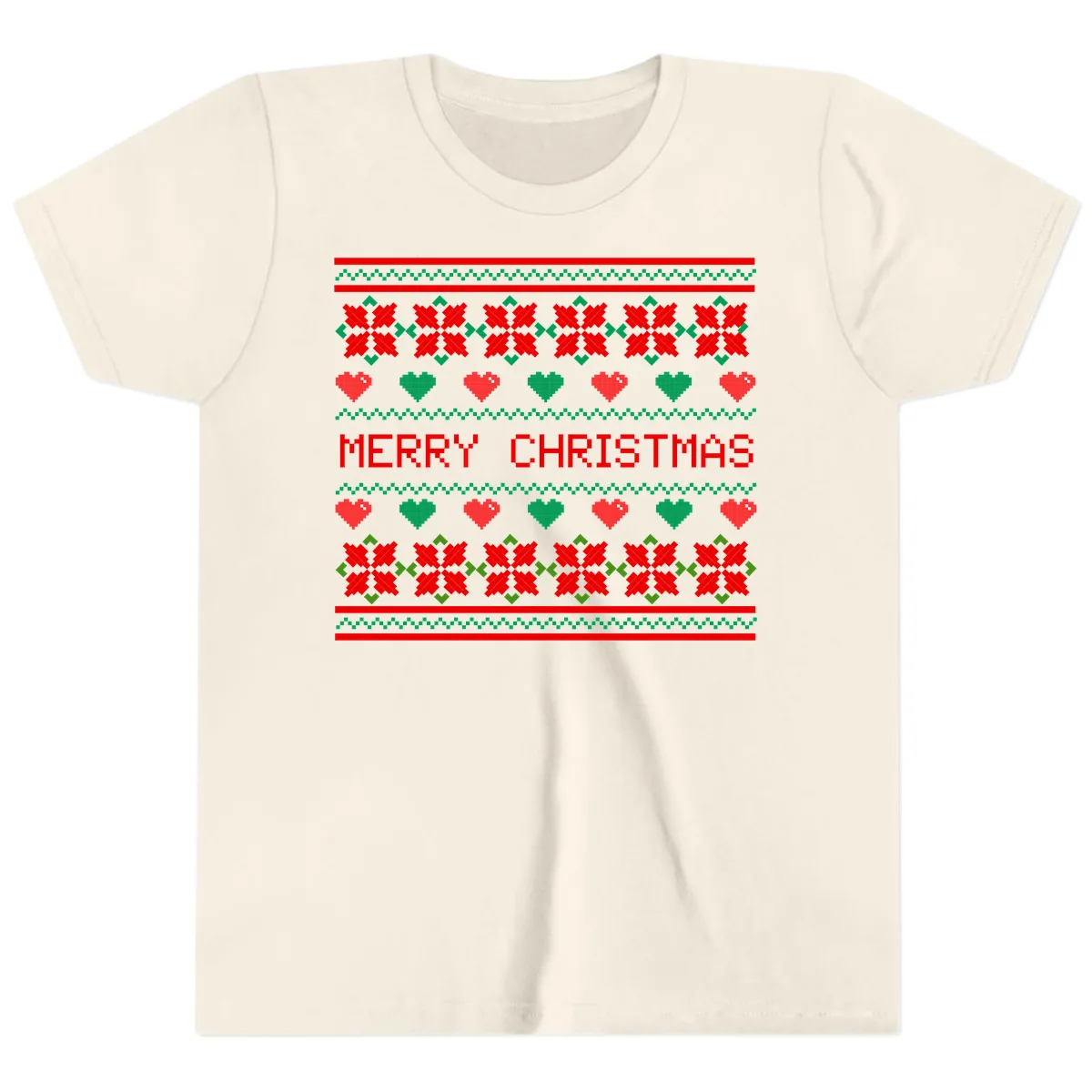 Merry Christmas Pixel Pattern Youth T-Shirt in Natural