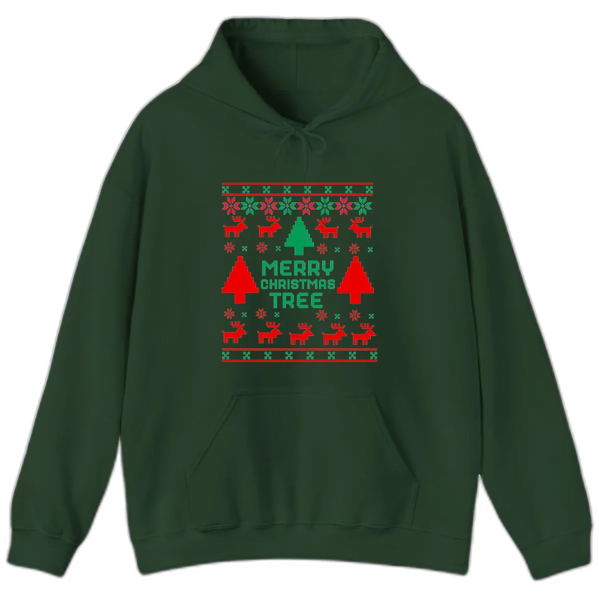 Merry Christmas Tree Ugly Sweater Hoodie in Forest Green
