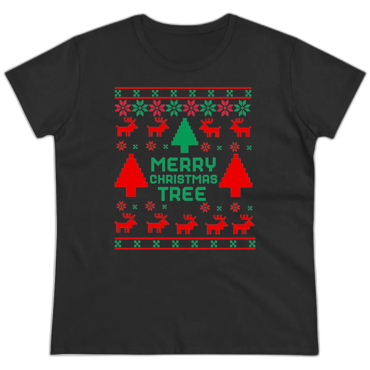 Merry Christmas Tree Ugly Sweater Ladies Tee in Black