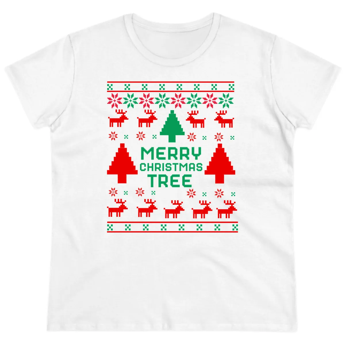 Merry Christmas Tree Ugly Sweater Ladies Tee in White