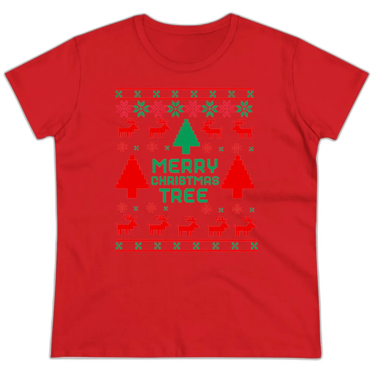 Merry Christmas Tree Ugly Sweater Ladies Tee in Red