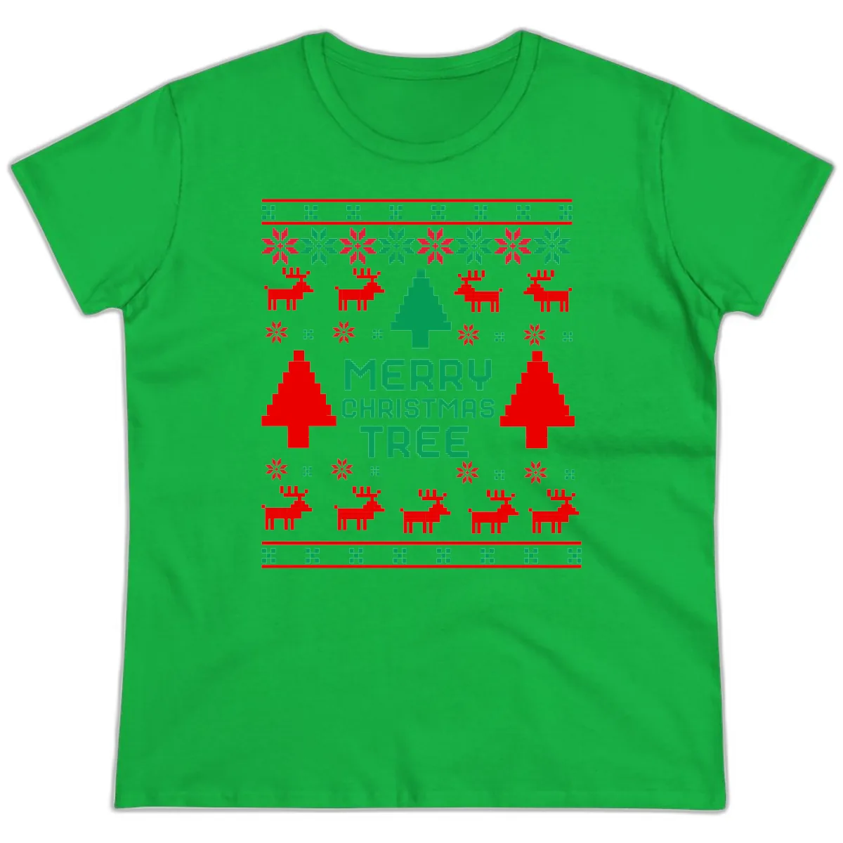 Merry Christmas Tree Ugly Sweater Ladies Tee in Irish Green