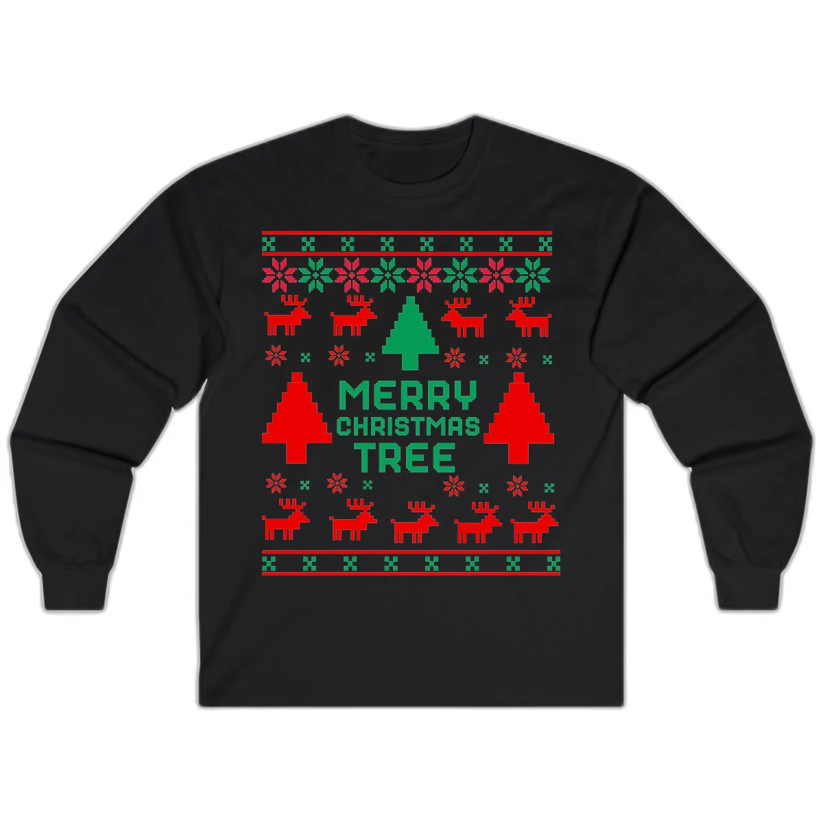 Merry Christmas Tree Ugly Sweater Long Sleeve in Black