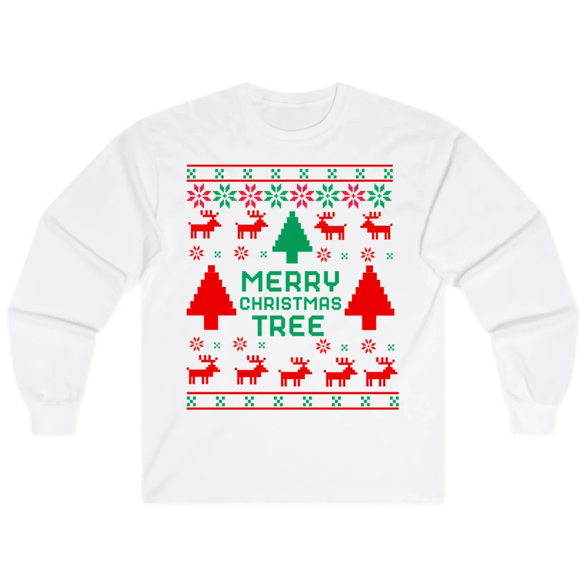 Merry Christmas Tree Ugly Sweater Long Sleeve in White