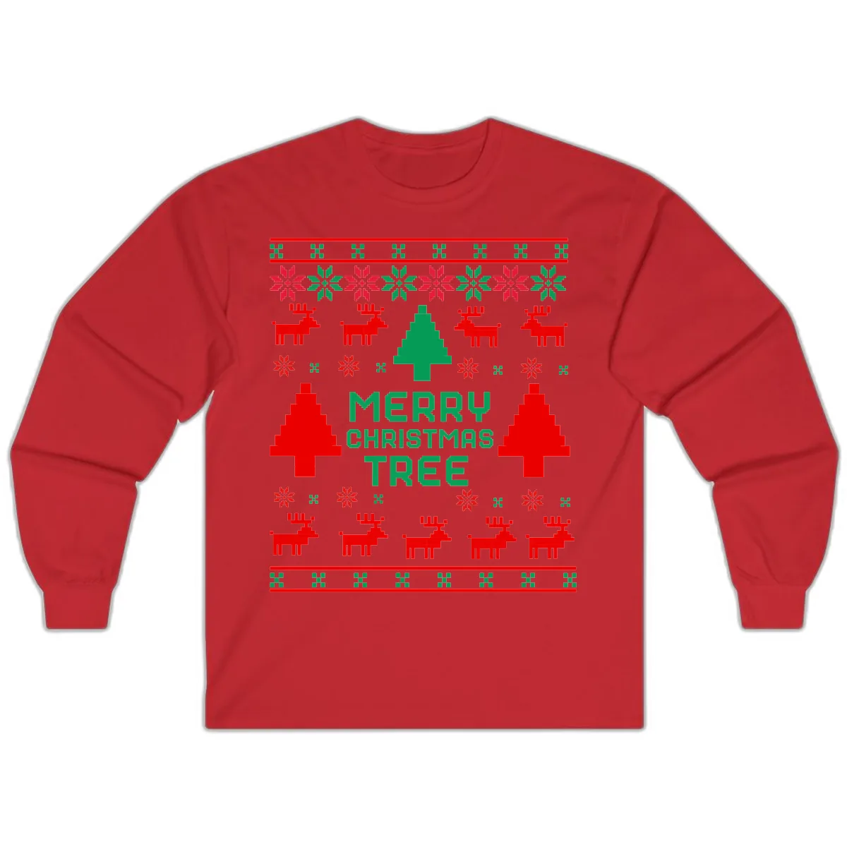 Merry Christmas Tree Ugly Sweater Long Sleeve in Red