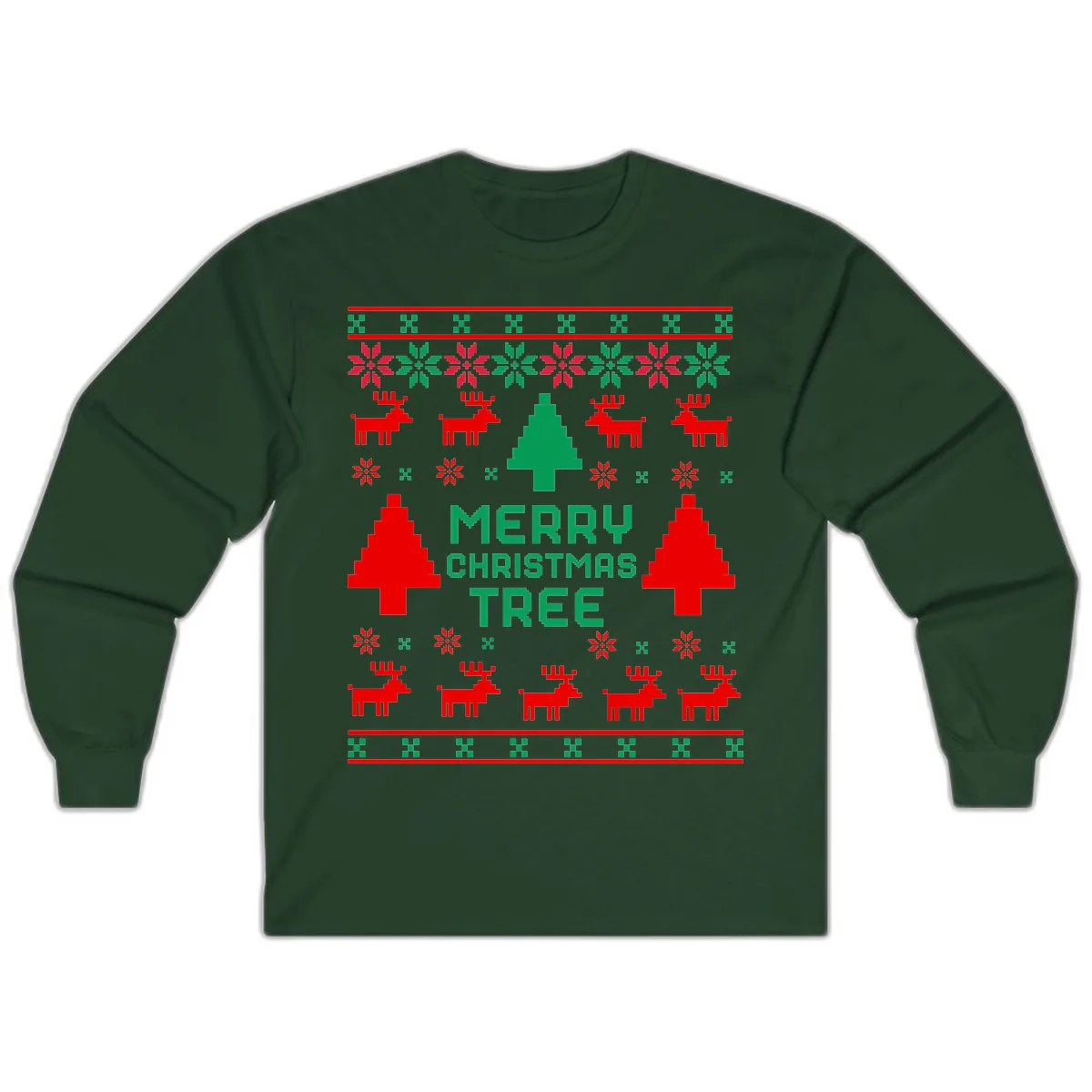 Merry Christmas Tree Ugly Sweater Long Sleeve in Forest Green