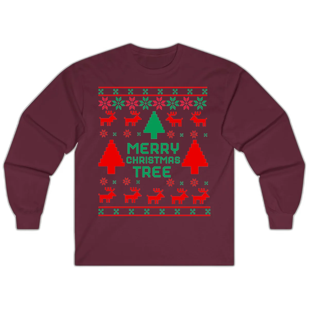 Merry Christmas Tree Ugly Sweater Long Sleeve in Maroon
