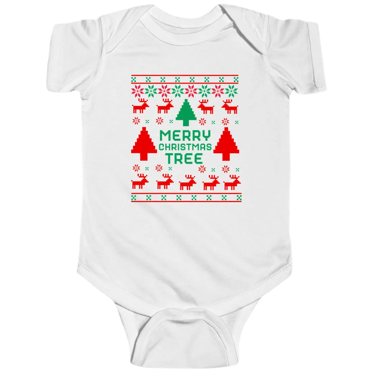Merry Christmas Tree Ugly Sweater Baby Onesie in White