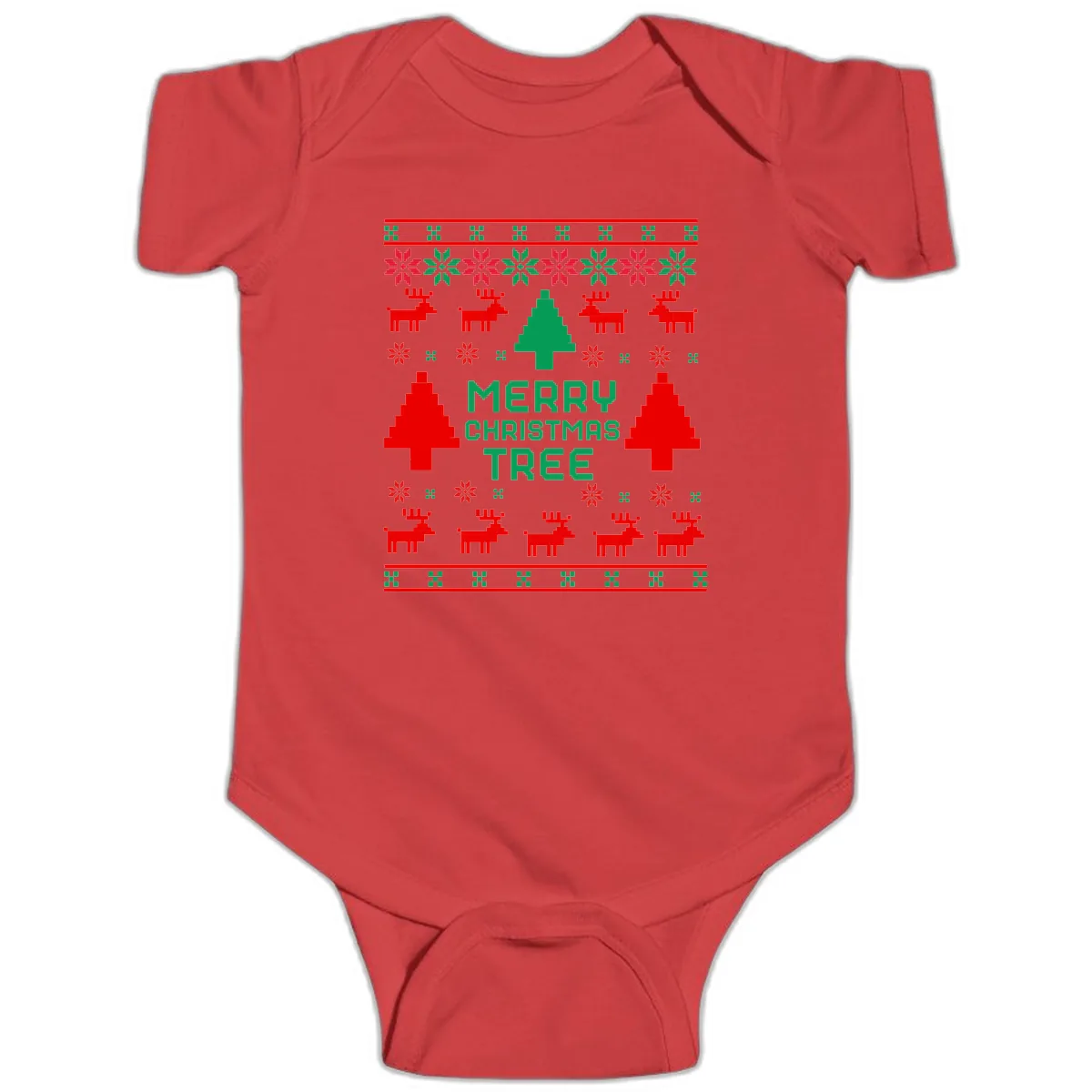 Merry Christmas Tree Ugly Sweater Baby Onesie in Red