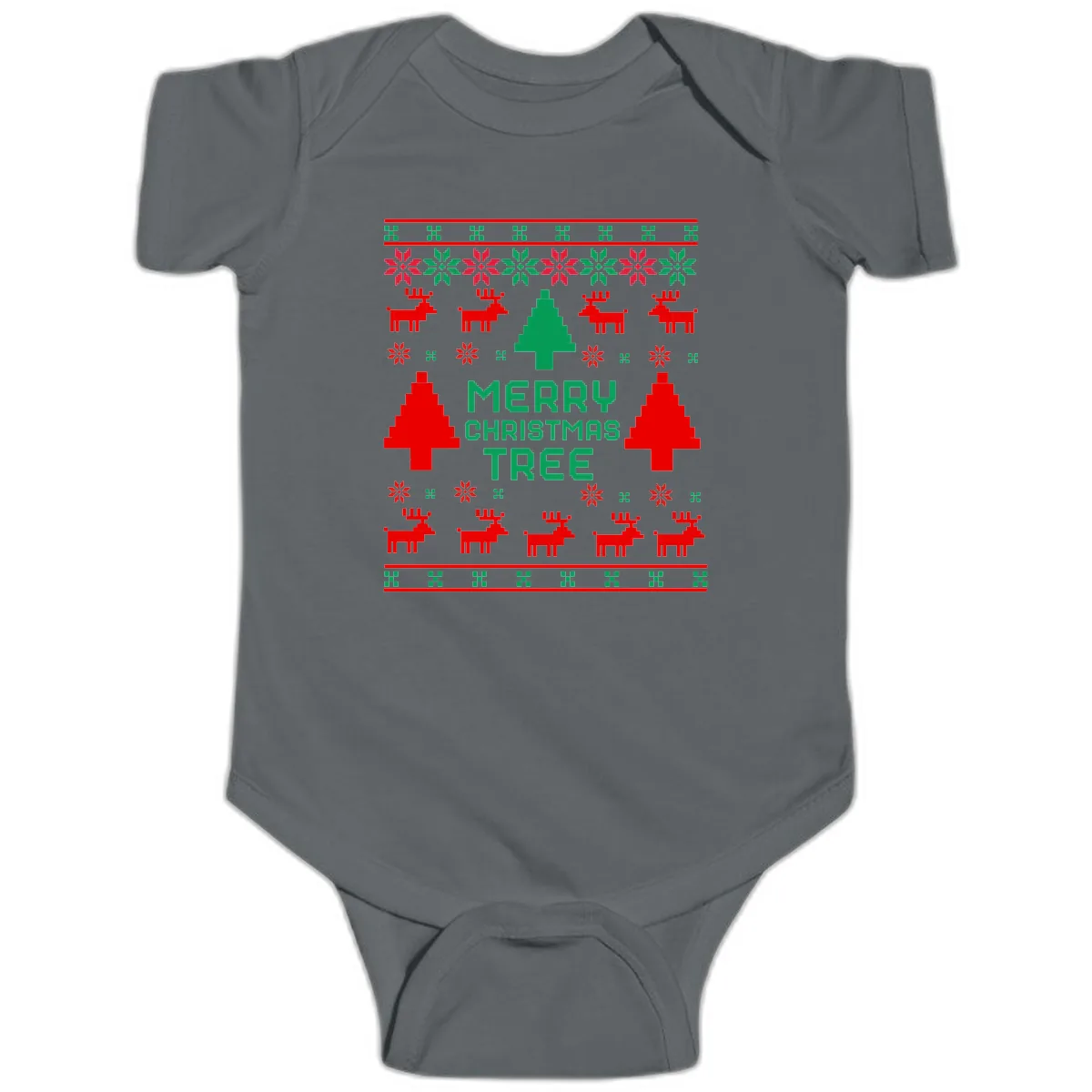 Merry Christmas Tree Ugly Sweater Baby Onesie in Charcoal