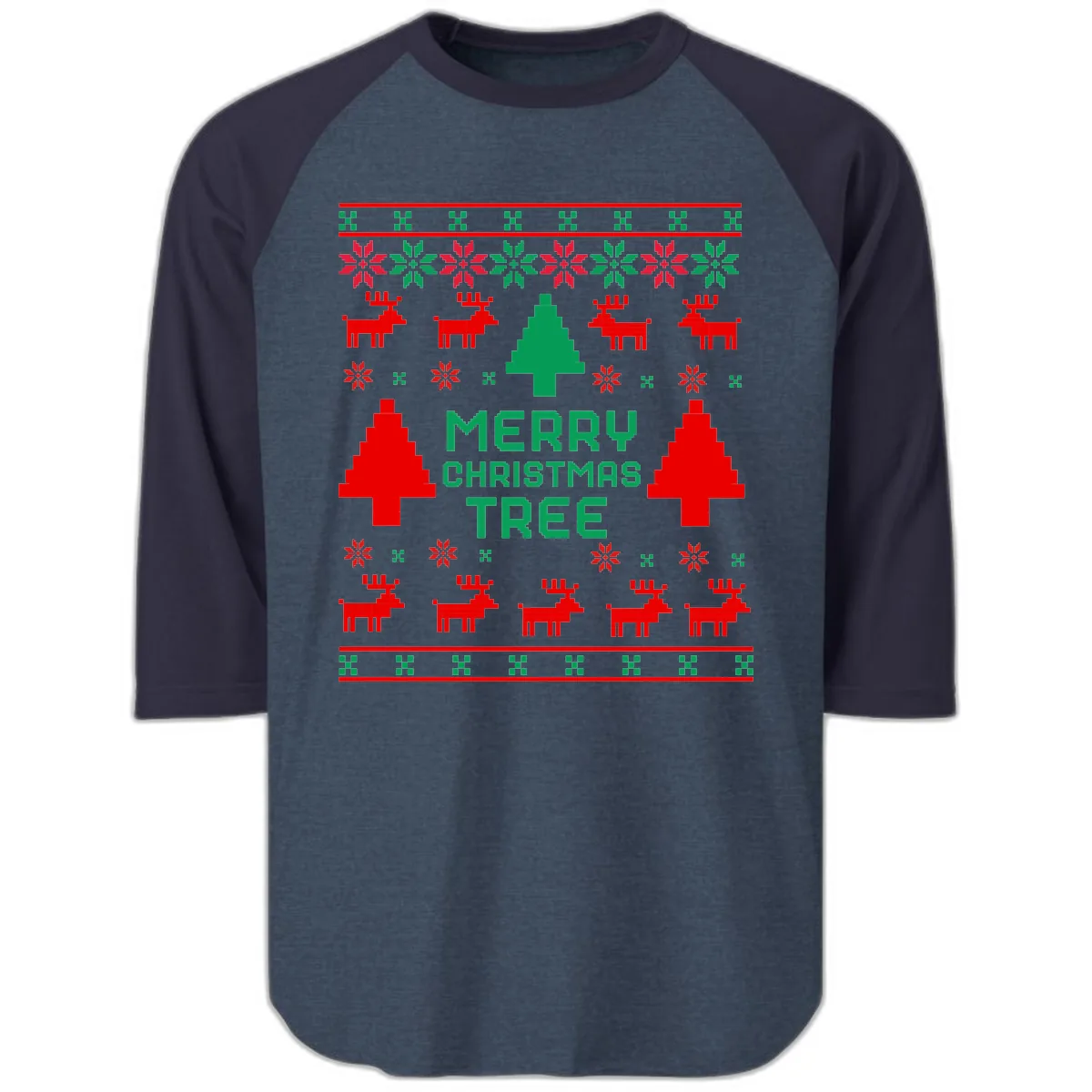 Merry Christmas Tree Ugly Sweater Raglan 3/4 in Heather Denim Navy
