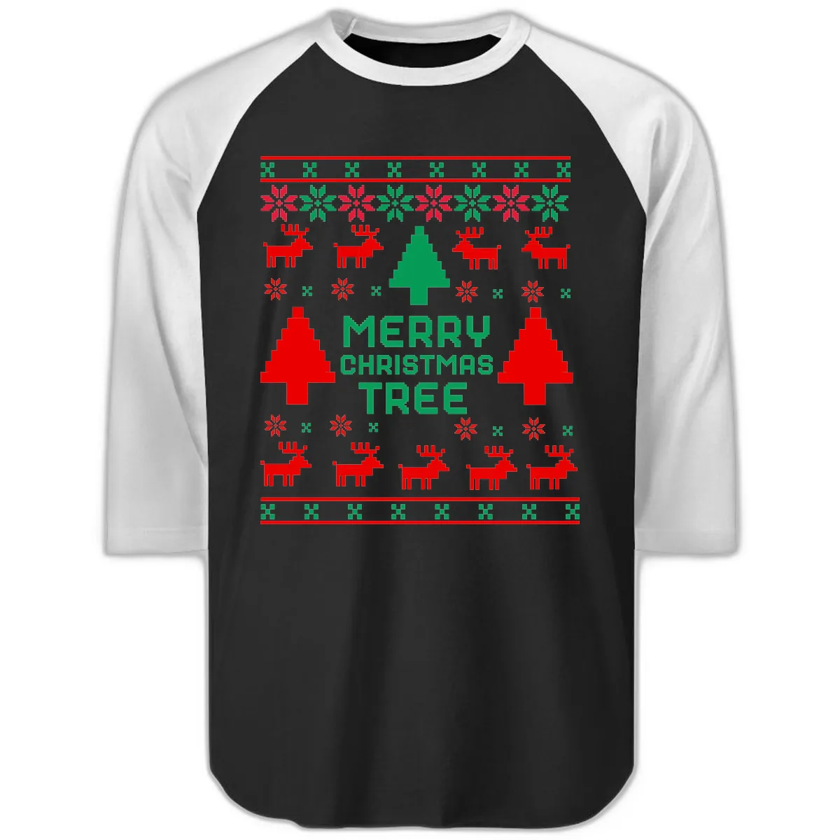 Merry Christmas Tree Ugly Sweater Raglan 3/4 in Black White