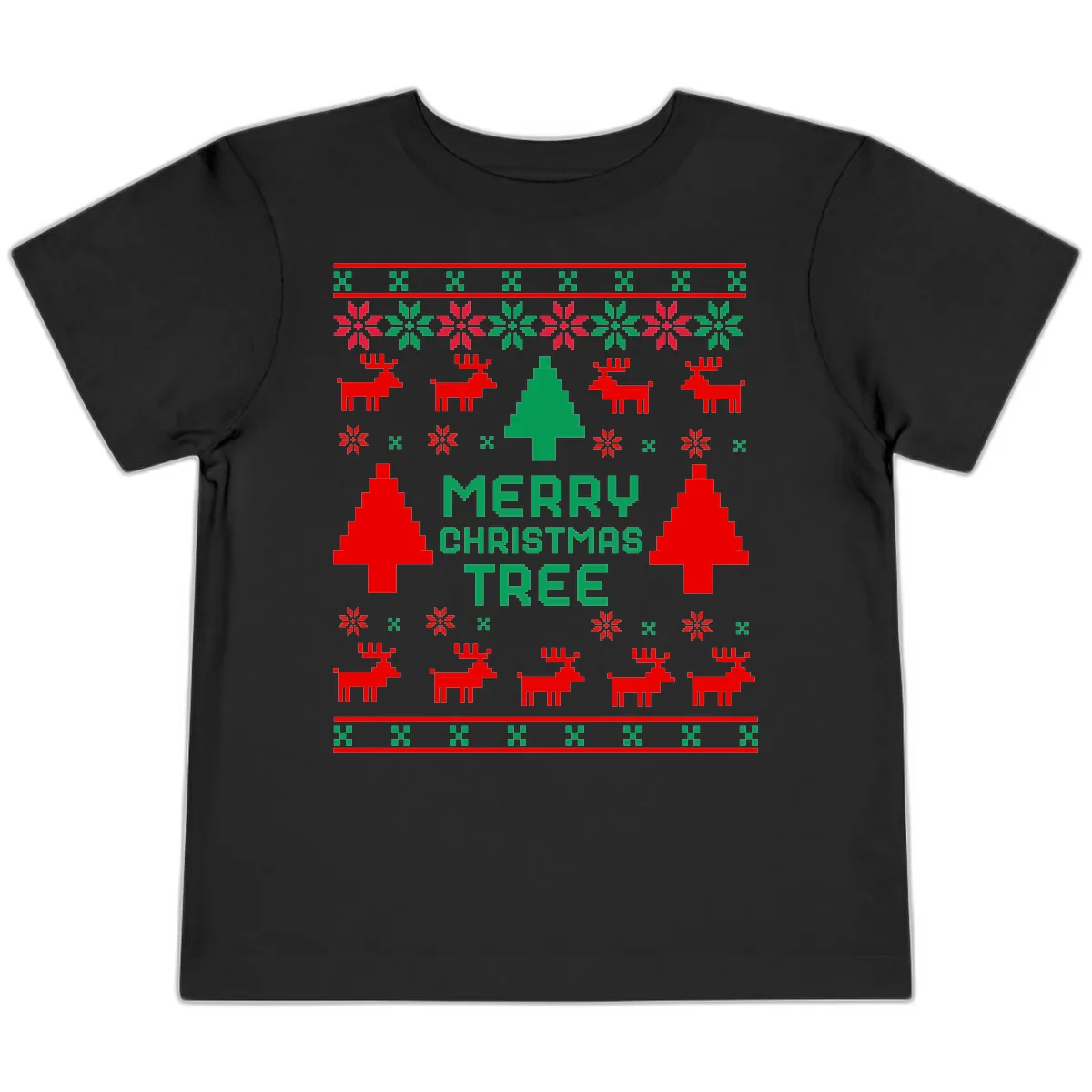 Merry Christmas Tree Ugly Sweater Toddler T-Shirt in Black
