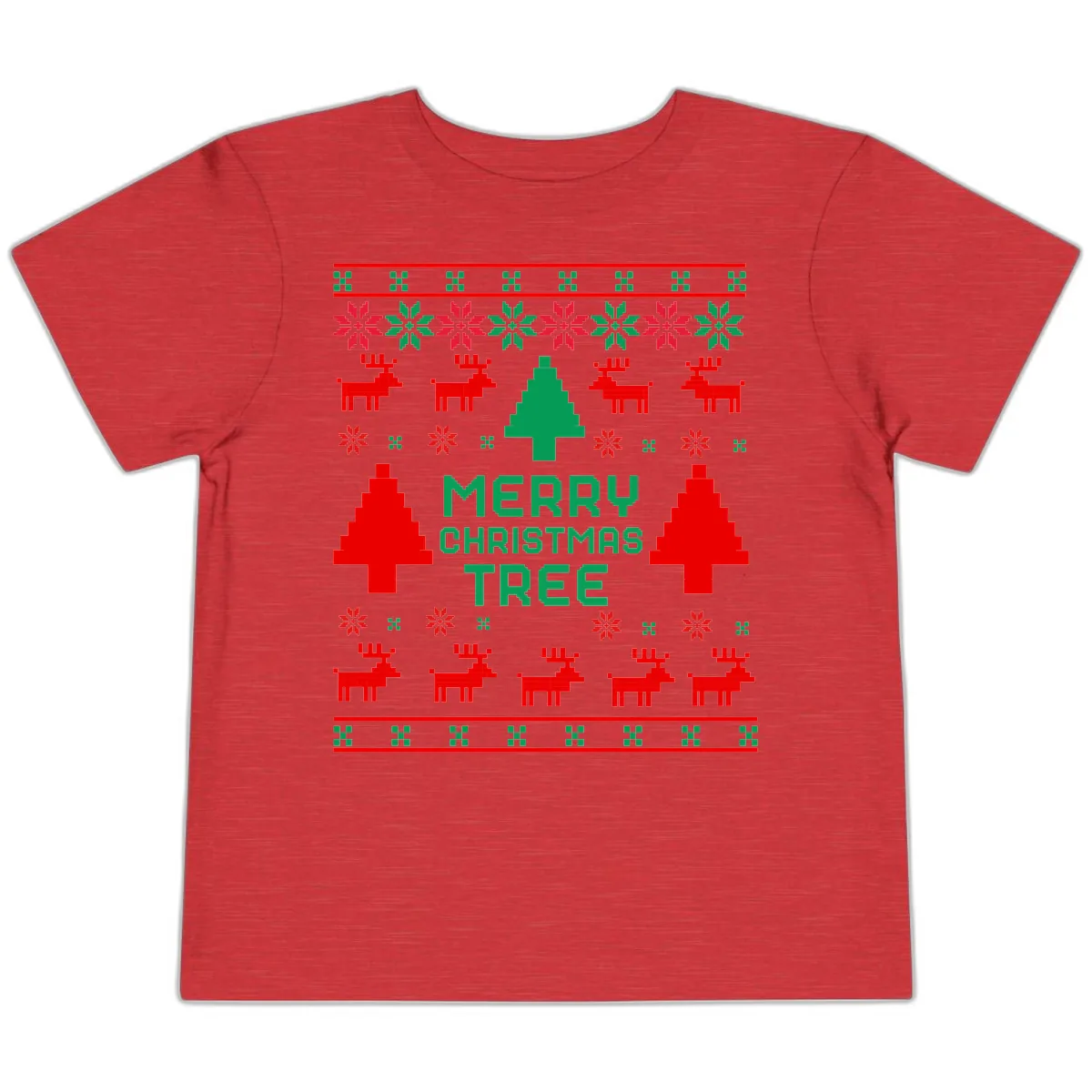 Merry Christmas Tree Ugly Sweater Toddler T-Shirt in Heather Red