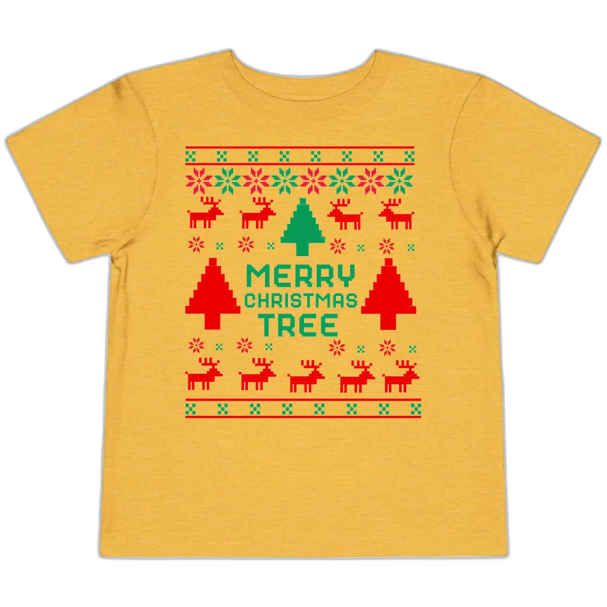 Merry Christmas Tree Ugly Sweater Toddler T-Shirt in Heather Yellow Gold