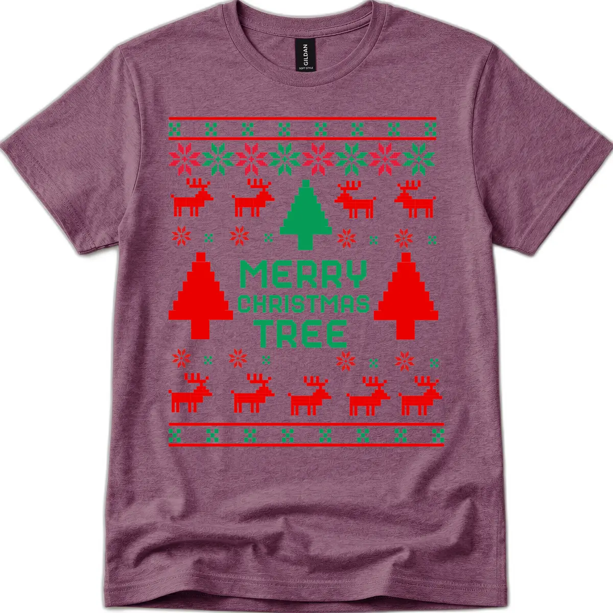 Merry Christmas Tree Ugly Sweater T-Shirt in Heather Maroon