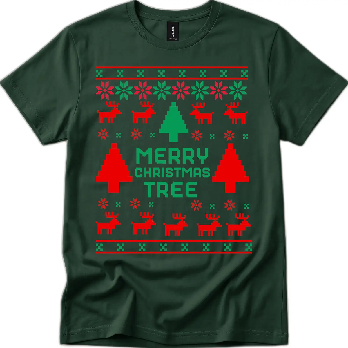 Merry Christmas Tree Ugly Sweater T-Shirt in Forest Green