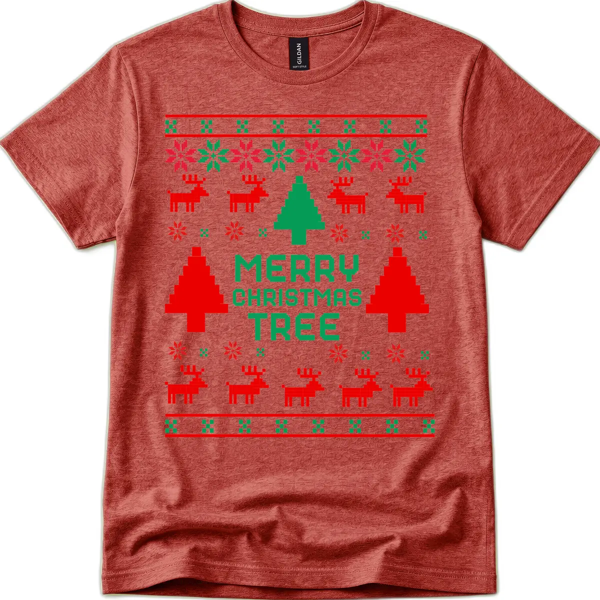 Merry Christmas Tree Ugly Sweater T-Shirt in Heather Cardinal