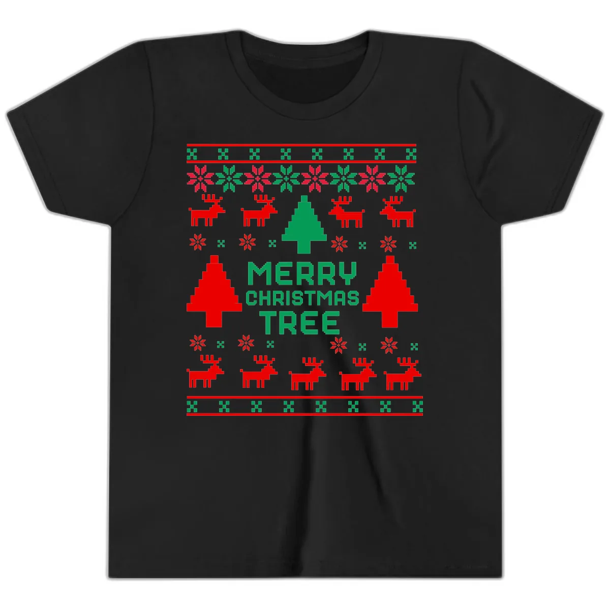Merry Christmas Tree Ugly Sweater Youth T-Shirt in Black
