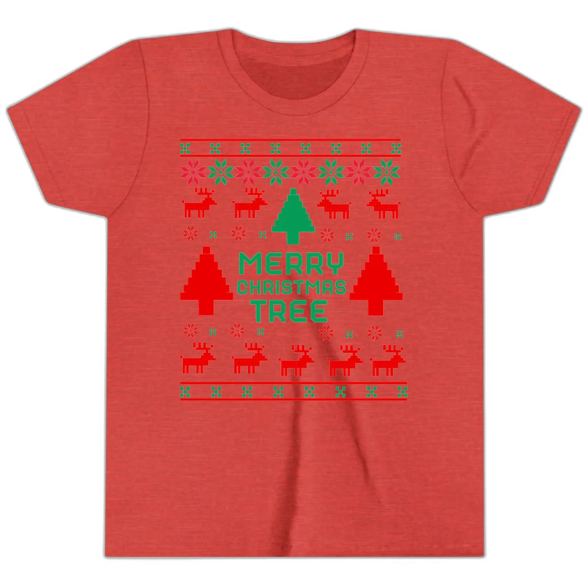 Merry Christmas Tree Ugly Sweater Youth T-Shirt in Heather Red