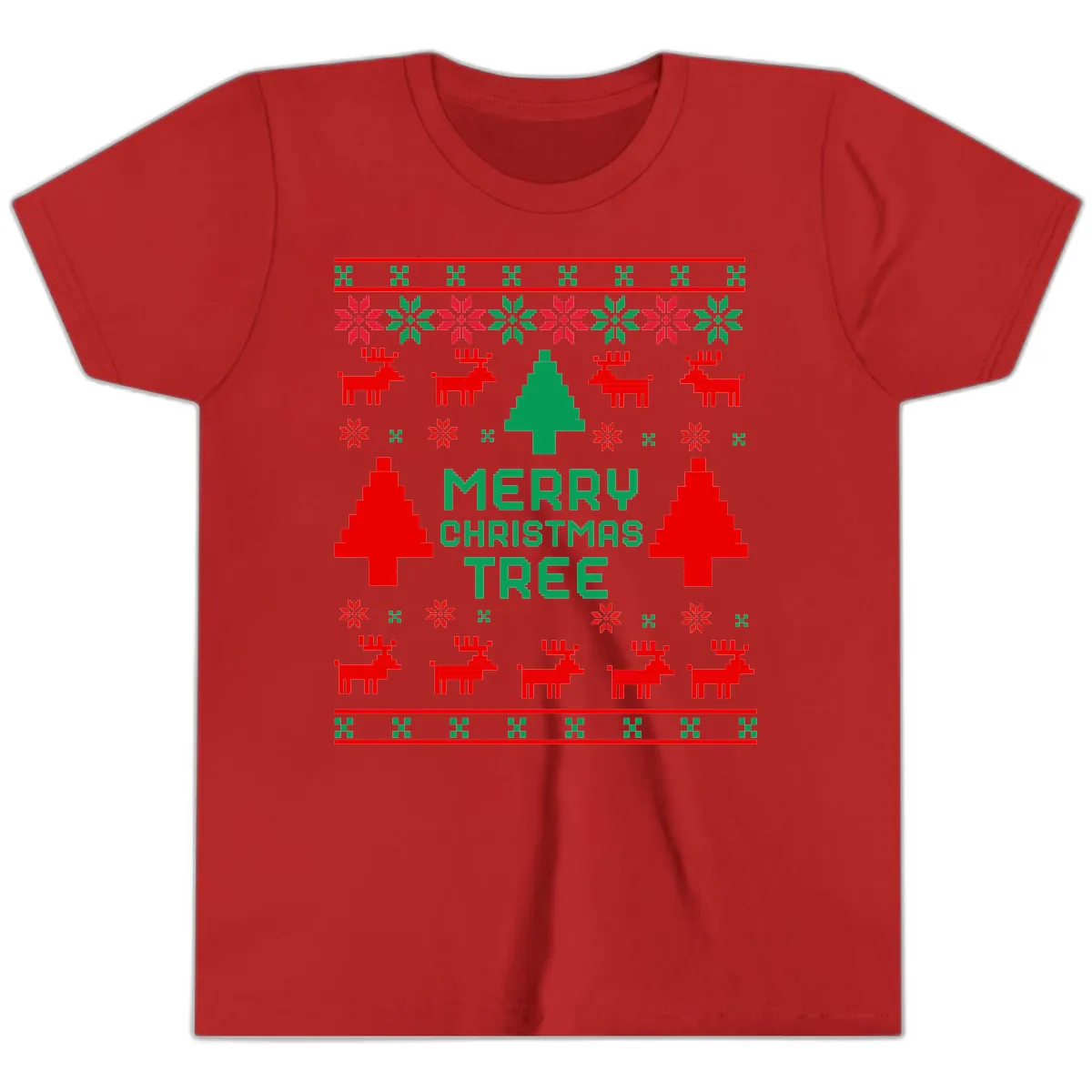 Merry Christmas Tree Ugly Sweater Youth T-Shirt in Red