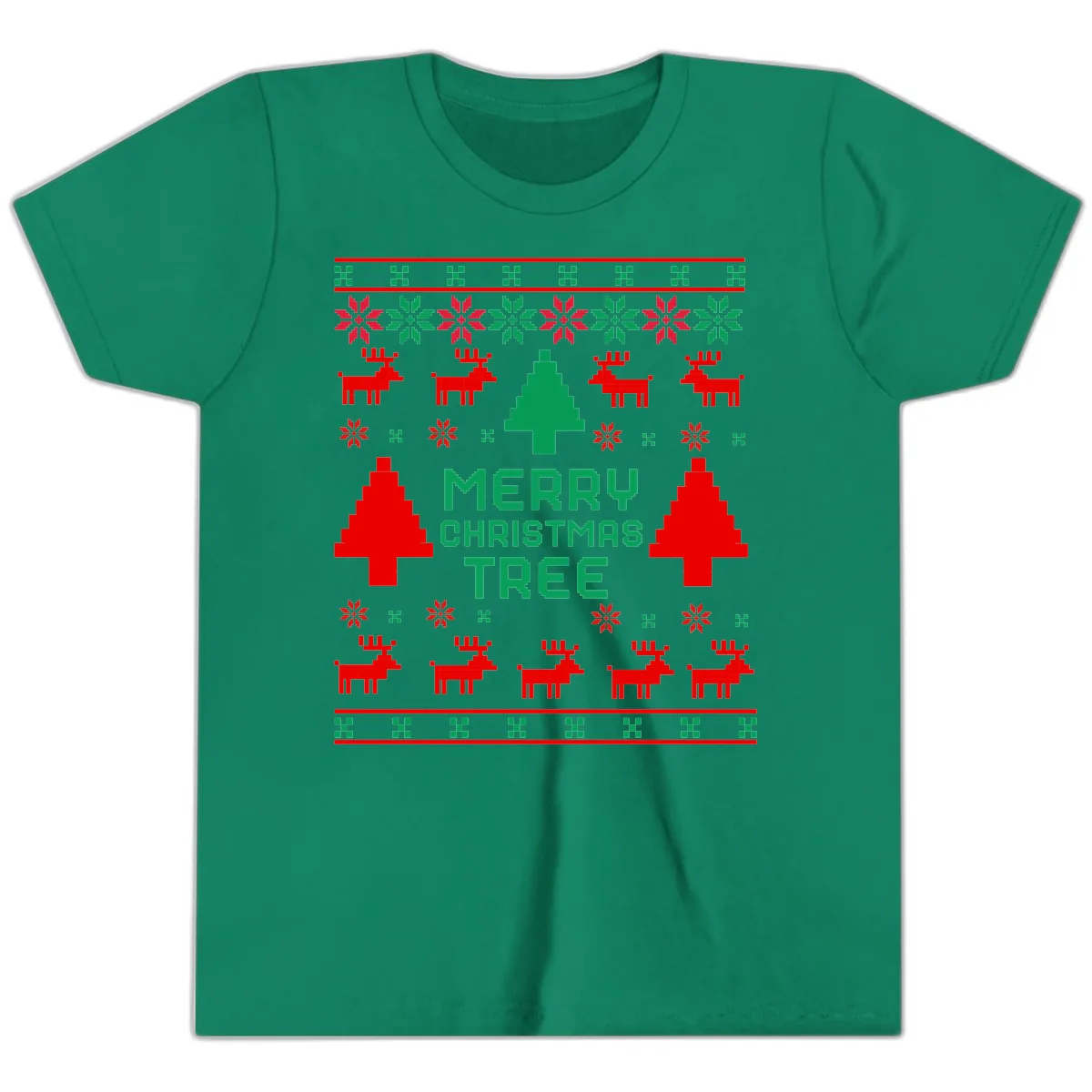 Merry Christmas Tree Ugly Sweater Youth T-Shirt in Kelly