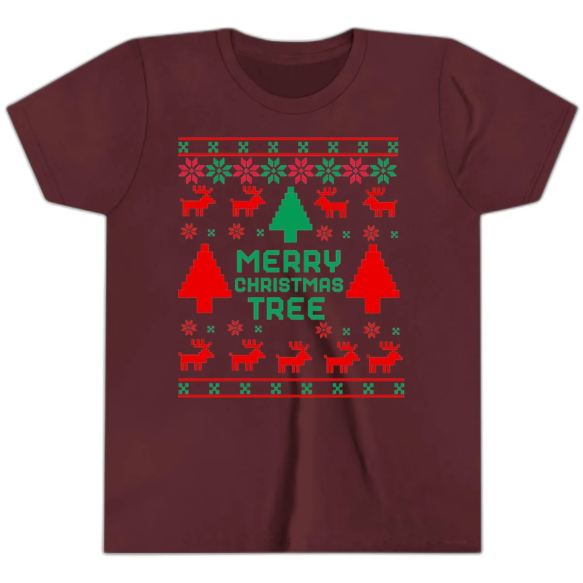 Merry Christmas Tree Ugly Sweater Youth T-Shirt in Maroon