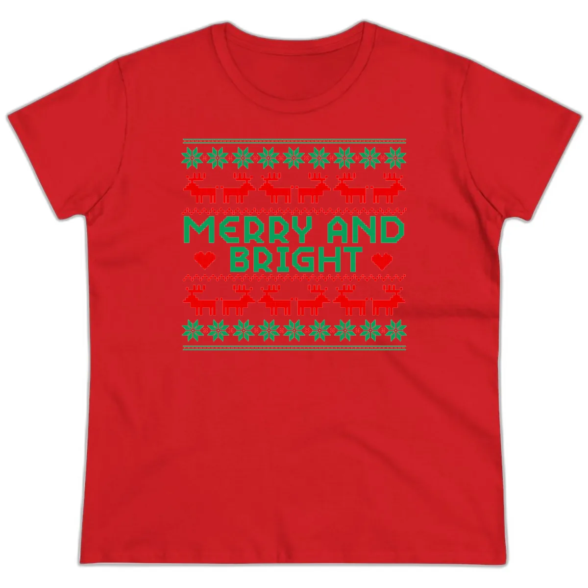 Merry And Bright Ugly Christmas Sweater Ladies Tee in Red
