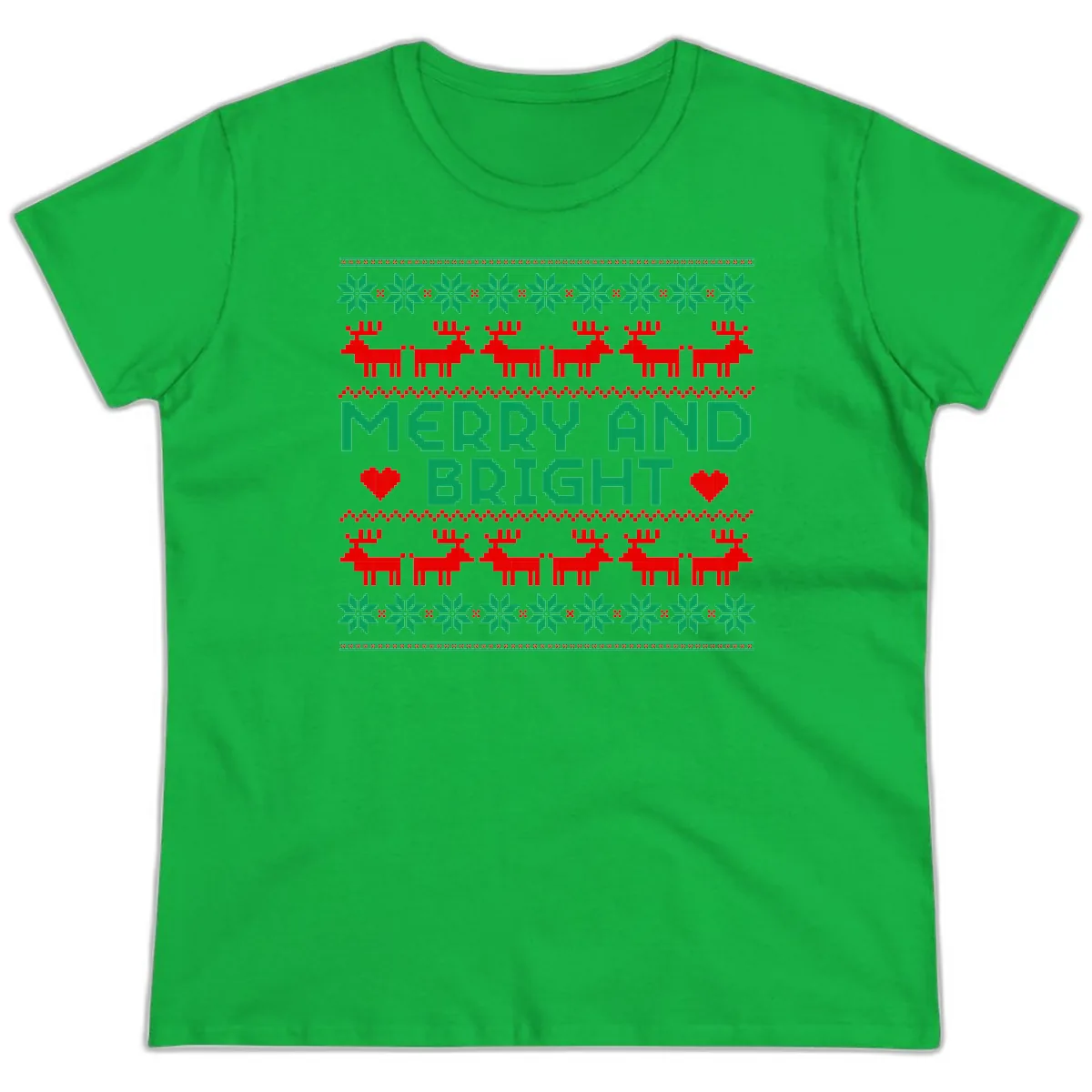 Merry And Bright Ugly Christmas Sweater Ladies Tee in Irish Green