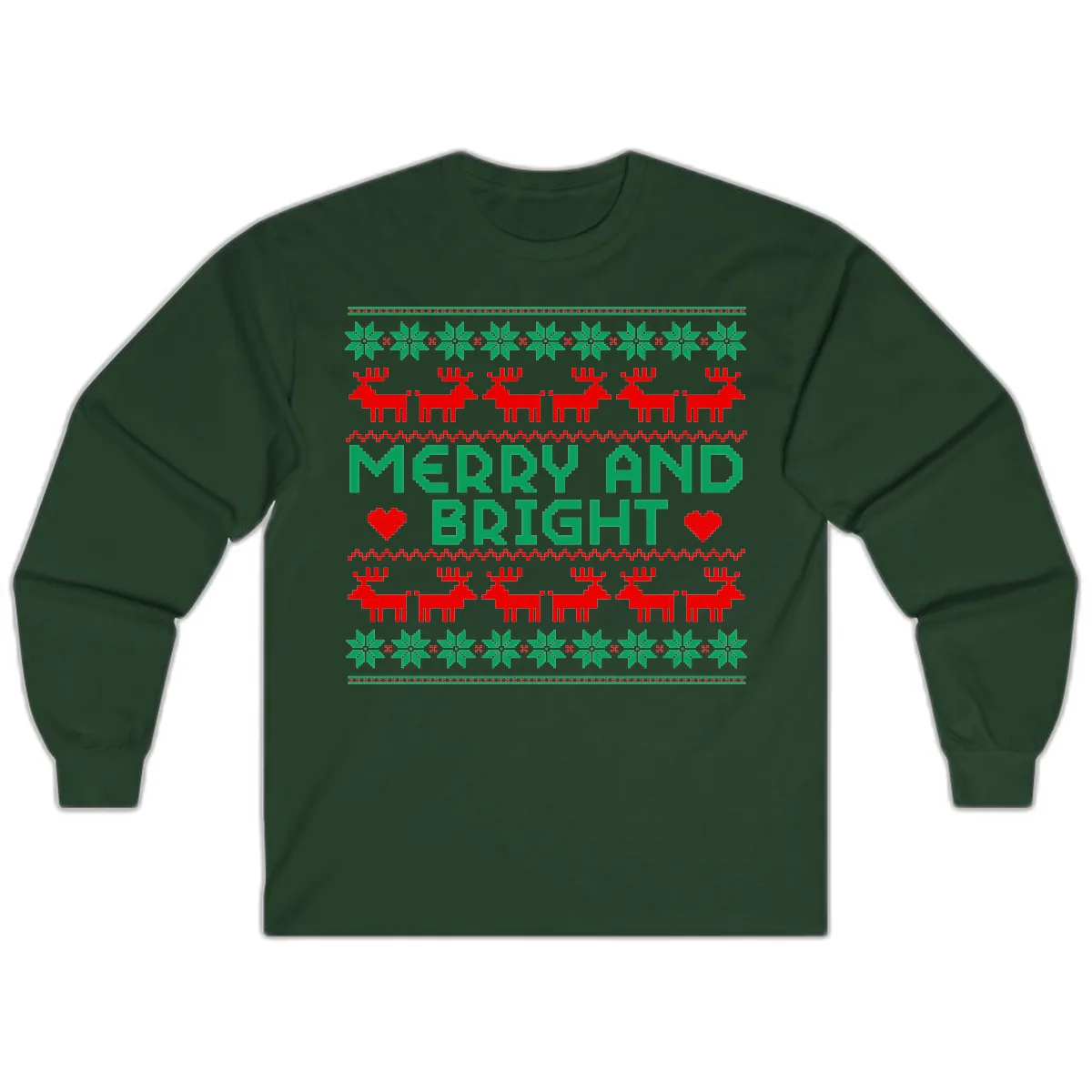Merry And Bright Ugly Christmas Sweater Long Sleeve in Forest Green