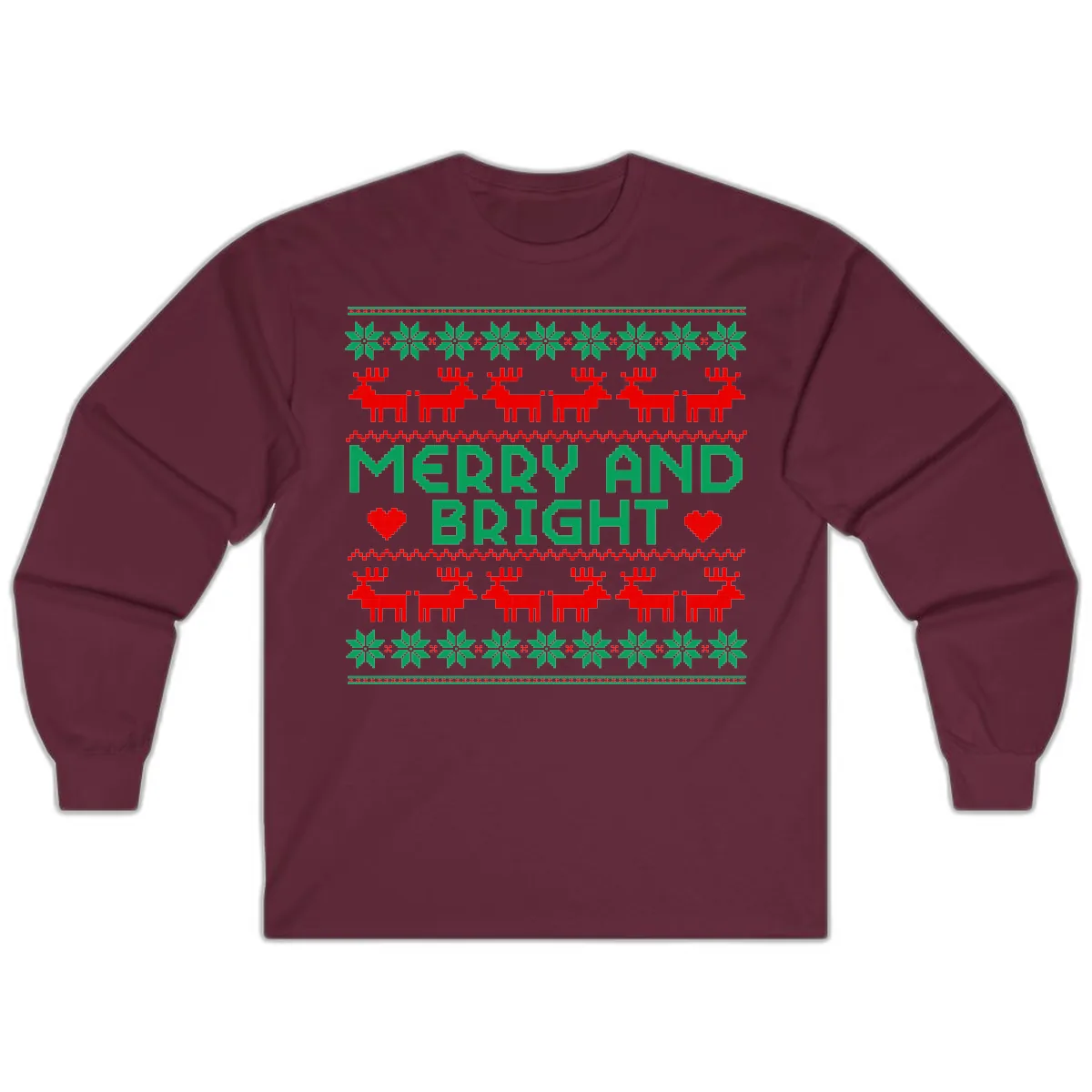 Merry And Bright Ugly Christmas Sweater Long Sleeve in Maroon