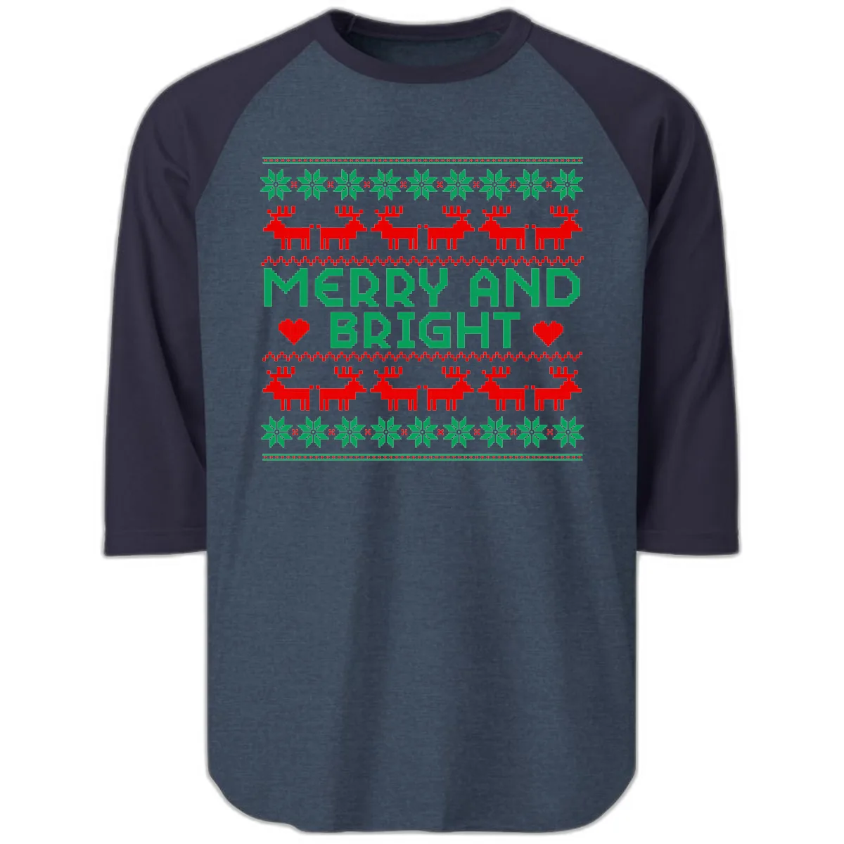 Merry And Bright Ugly Christmas Sweater Raglan 3/4 in Heather Denim Navy