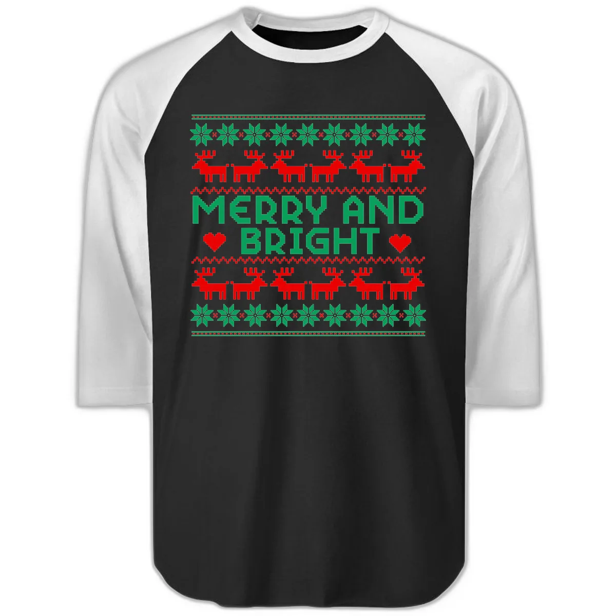 Merry And Bright Ugly Christmas Sweater Raglan 3/4 in Black White