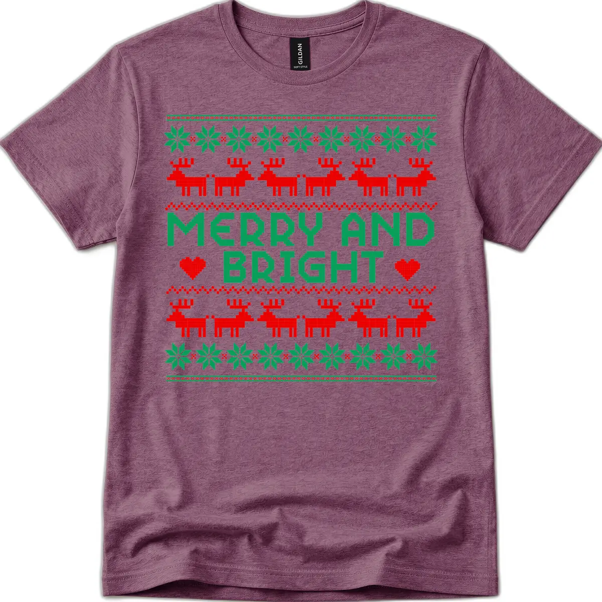 Merry And Bright Ugly Christmas Sweater T-Shirt in Heather Maroon