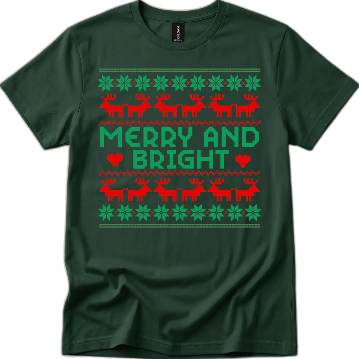 Merry And Bright Ugly Christmas Sweater T-Shirt in Forest Green