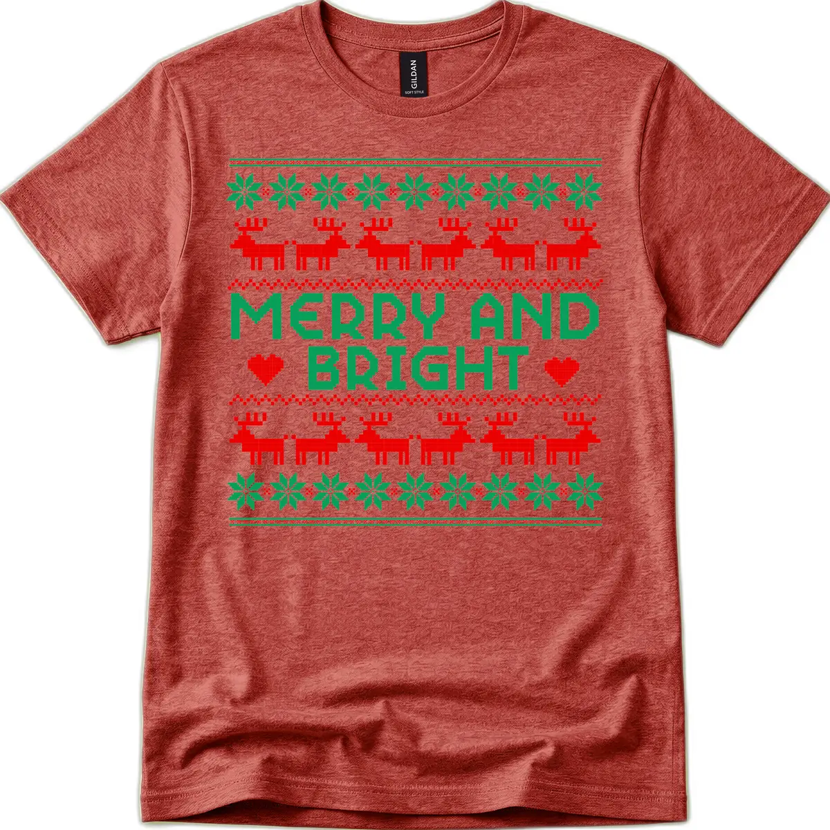 Merry And Bright Ugly Christmas Sweater T-Shirt in Heather Cardinal