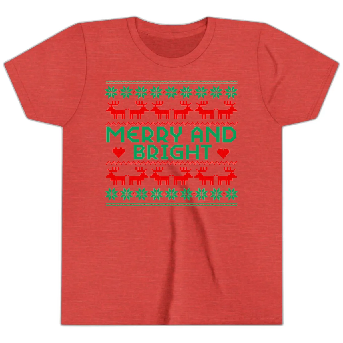 Merry And Bright Ugly Christmas Sweater Youth T-Shirt in Heather Red
